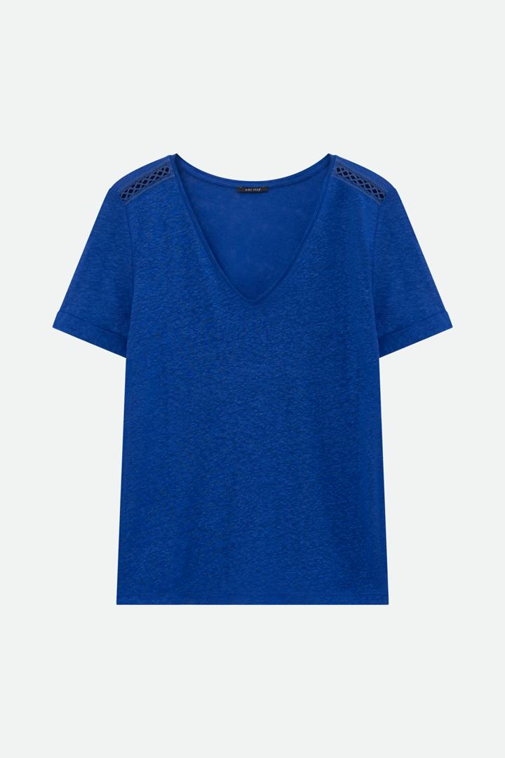 MARINGA - T-shirt bleu détails dentelle