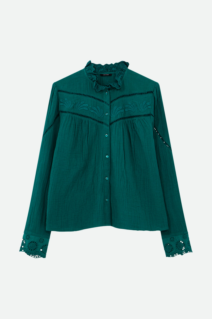 CAVIANA - Chemise verte gaze de coton col collerette