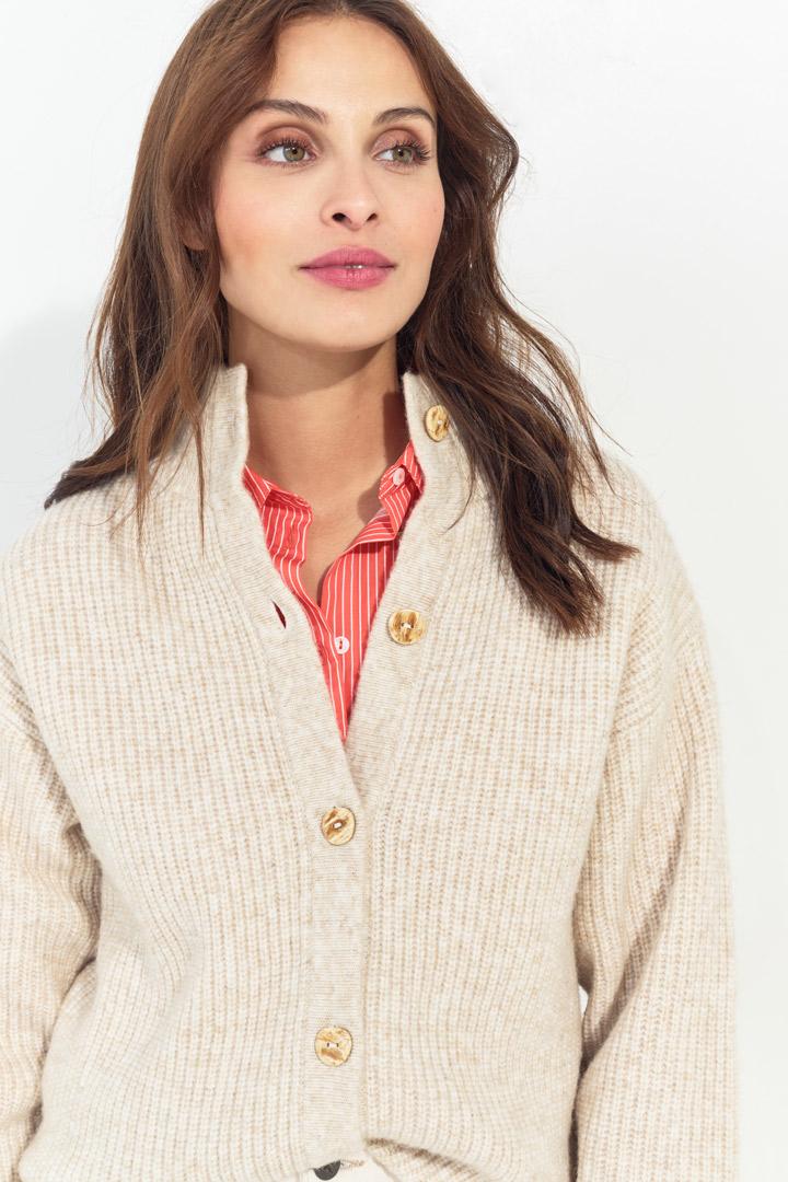 TIANA - Cardigan beige tricot à col montant