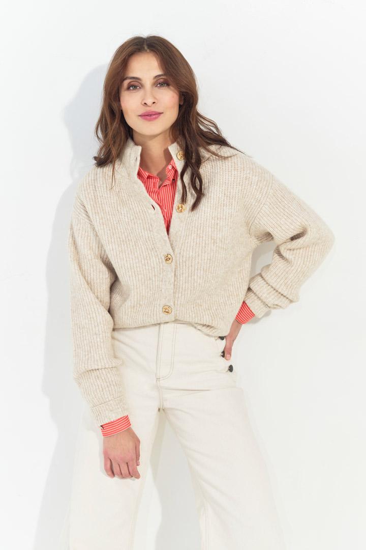 TIANA - Cardigan beige tricot à col montant