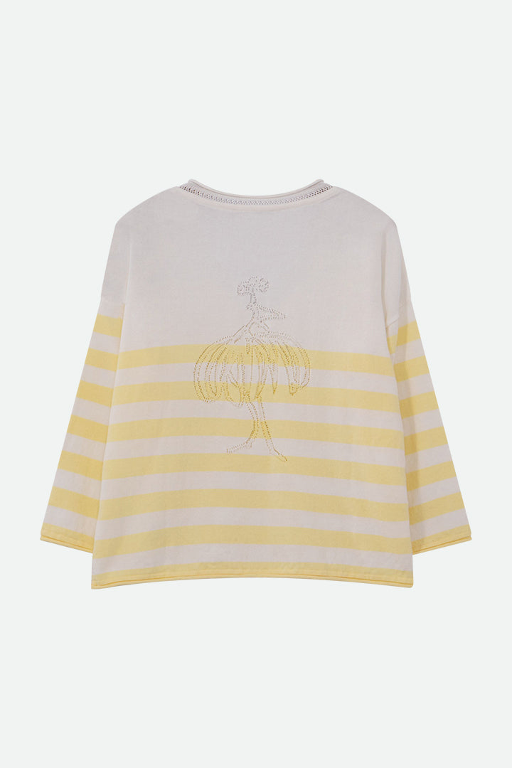 TZAR - Pull écru tricot rayé jaune Intarsia danseuse au dos