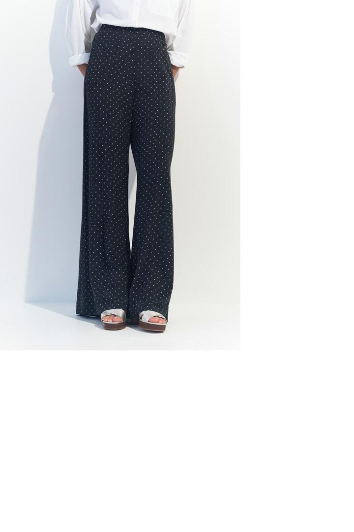 PIRANGI - Pantalon fluide noir imprimé minimaliste carrés écrus