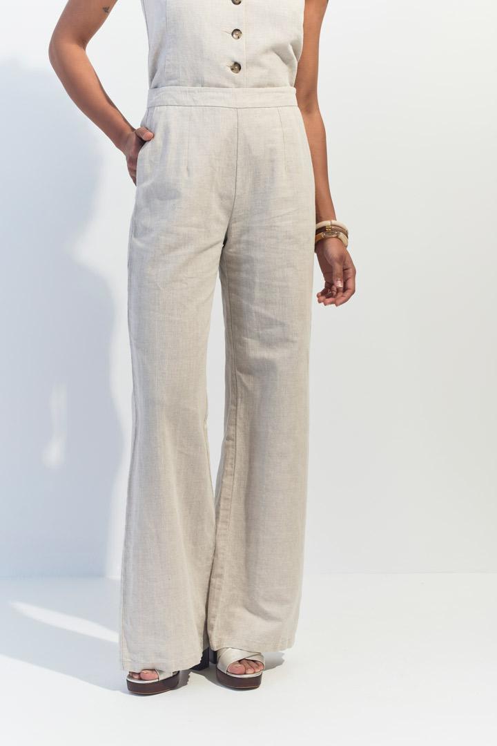 PAULINO - Pantalon de costume beige chiné en lin et coton