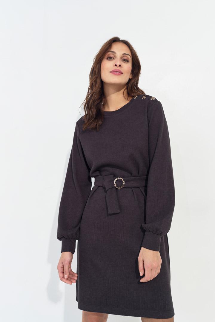 RAVENA - Robe sweat gris foncé maille côtelée