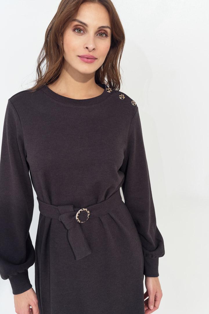 RAVENA - Robe sweat gris foncé maille côtelée