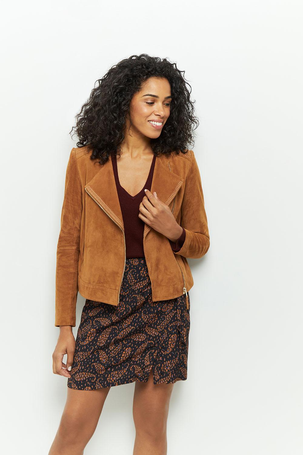 DIYA Blouson cognac en cuir velours One Step