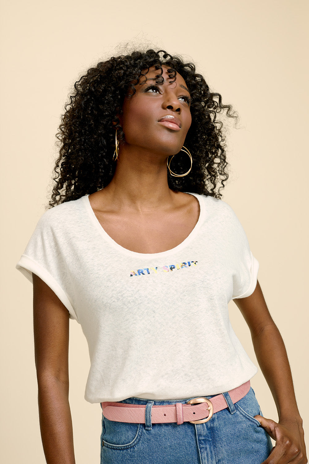 MARISA - T-shirt écru en coton lin à message