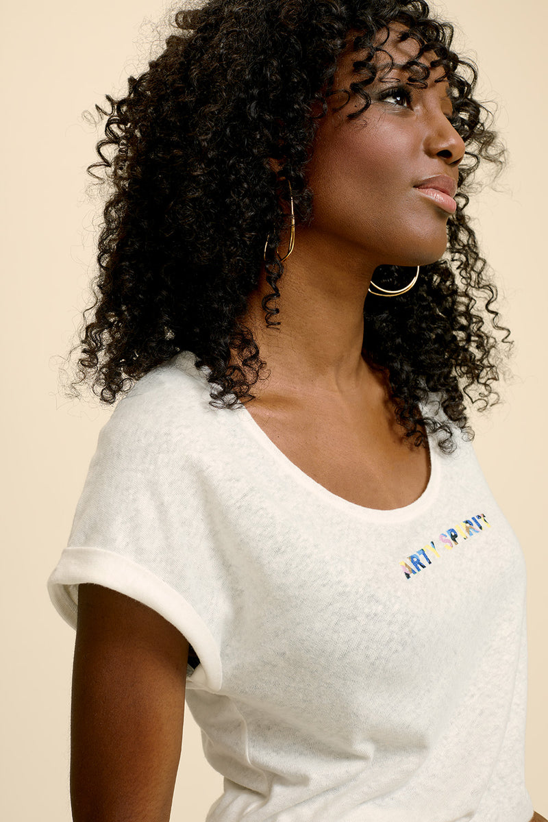 MARISA - T-shirt écru en coton lin à message