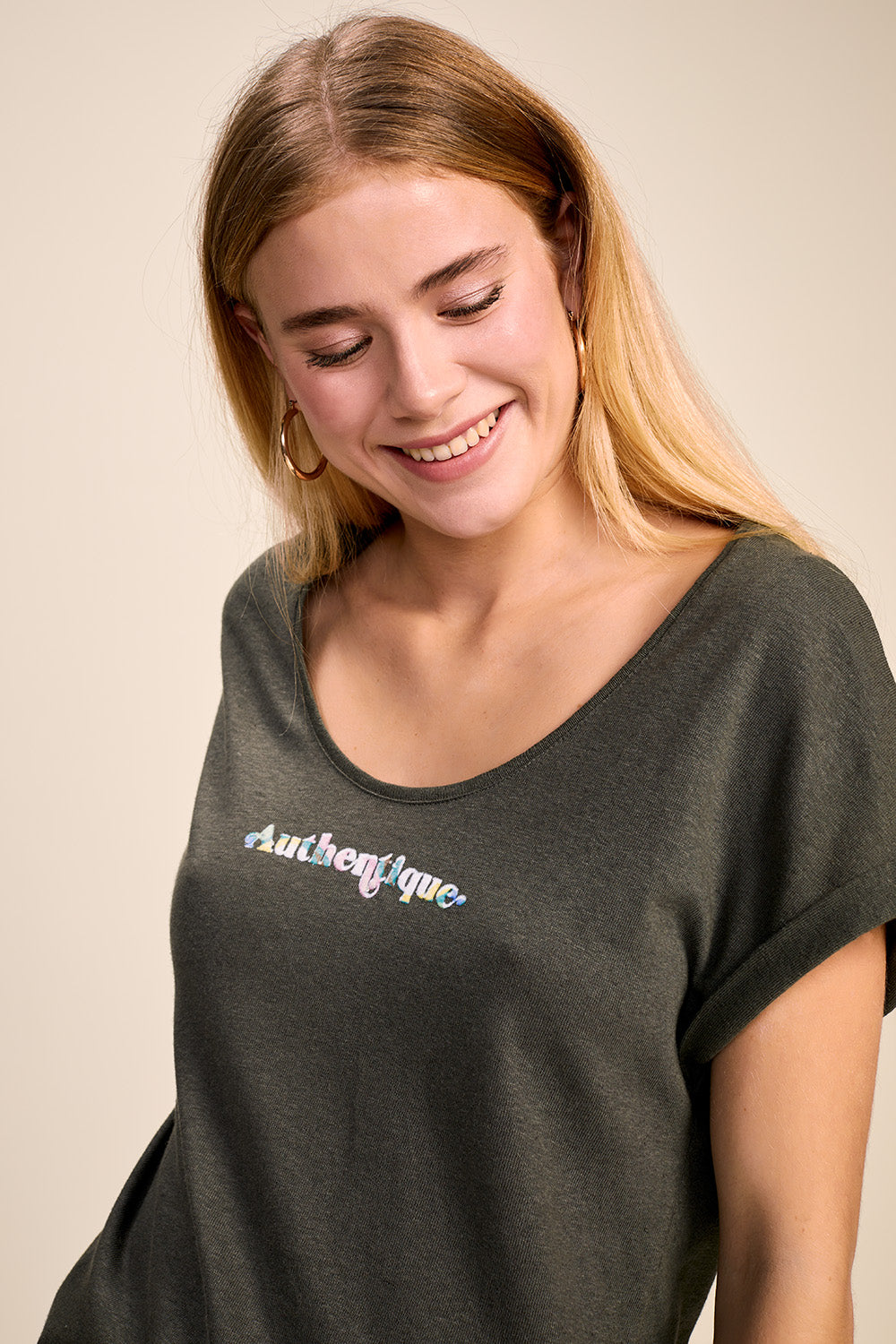MARISA - T-shirt thym en coton lin à message