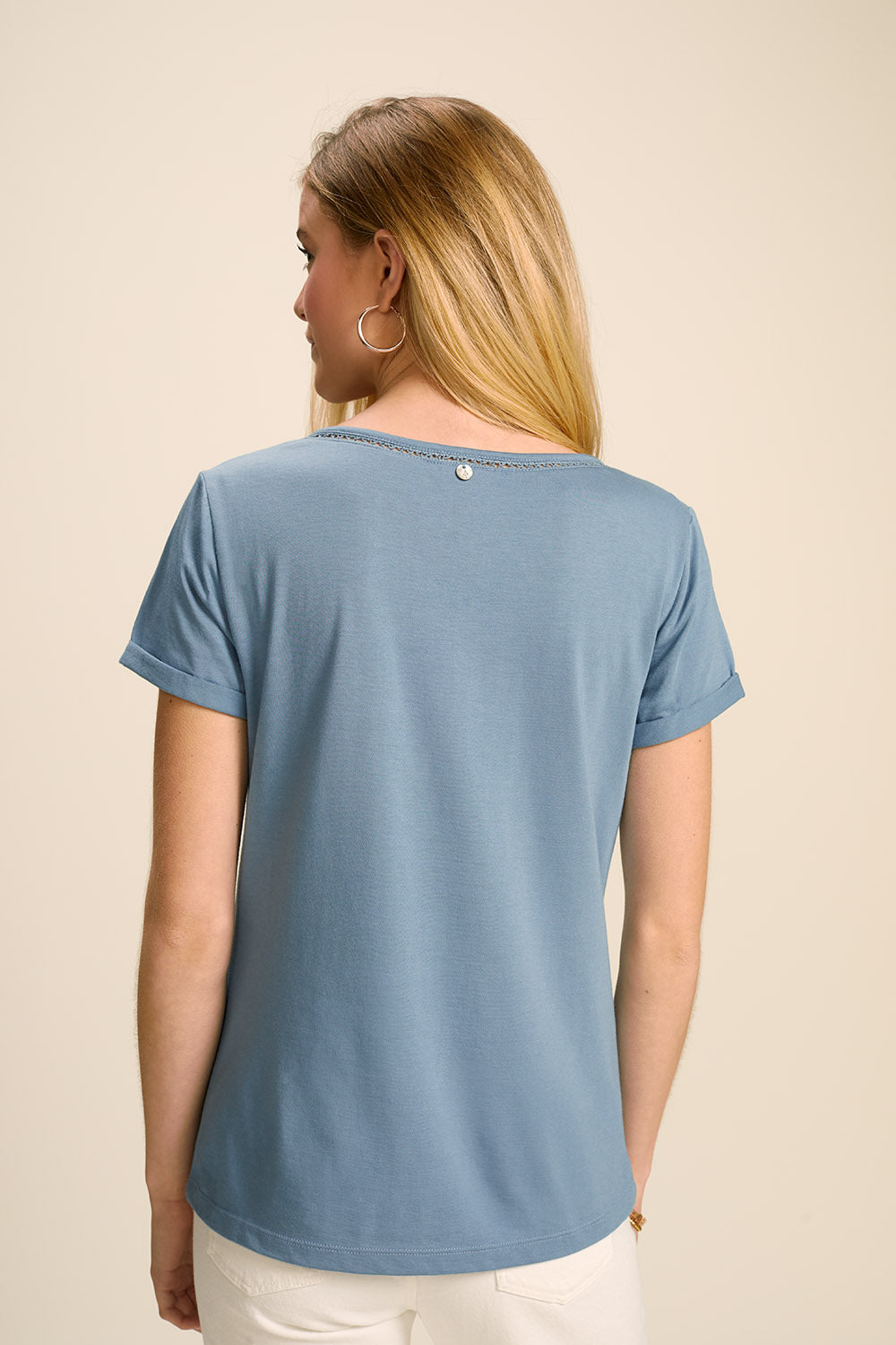 MYSTY - T-shirt bleu chambray coton bio avec galon broderie