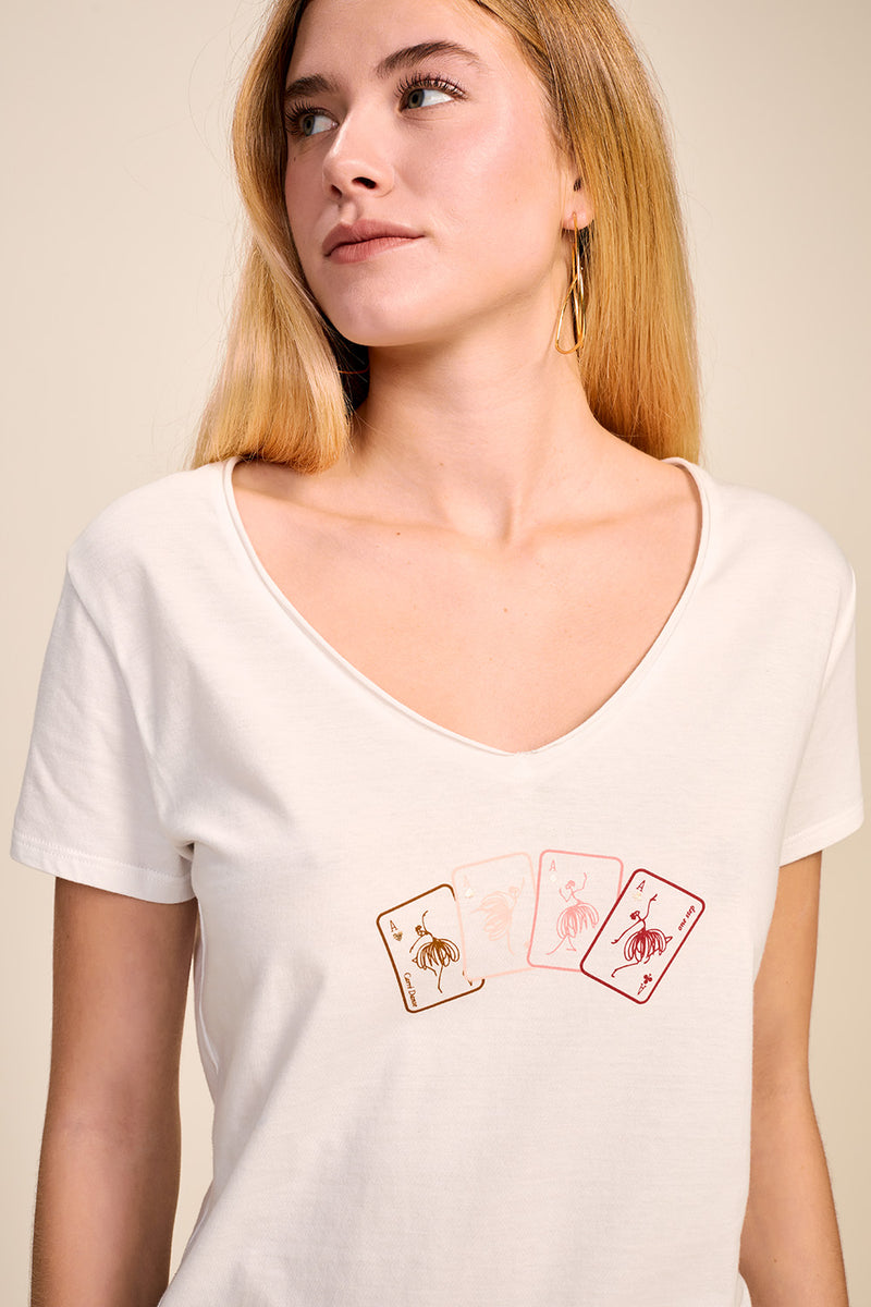 MIRO - T-shirt écru avec cartes à jouer-danseuses