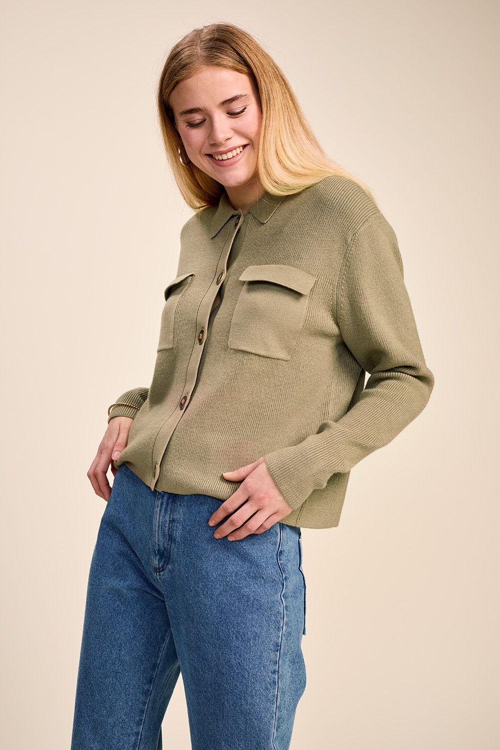 TINA - Cardigan lichen tricot à poches plaquées