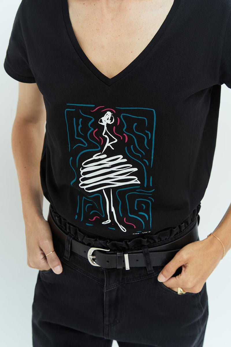 MIRA - T-shirt noir coton bio avec sérigraphie danseuse
