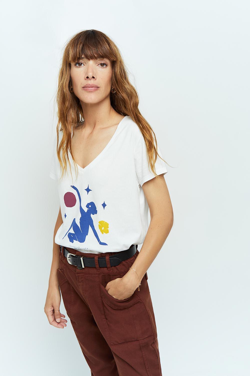MIRA - T-shirt blanc coton bio sérigraphie danseuse bleue