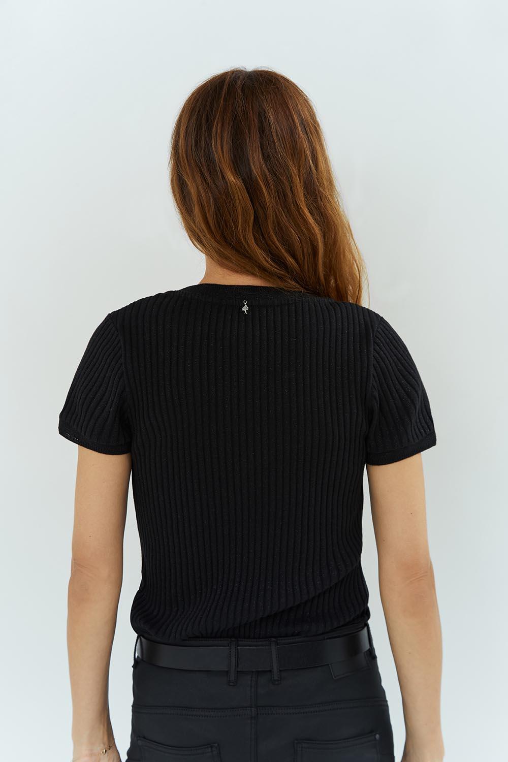 MILES - T-shirt noir tricot côtelé pailleté