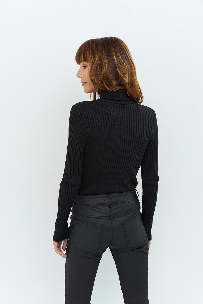 MADLY - T-shirt noir tricot côtelé pailleté à col roulé