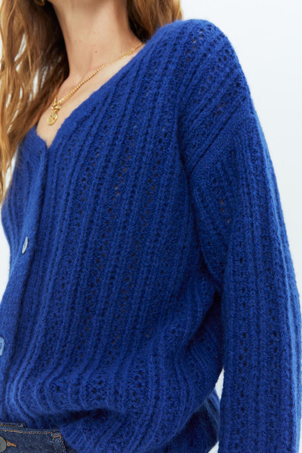 THEORY - Cardigan bleu cobalt en tricot fantaisie