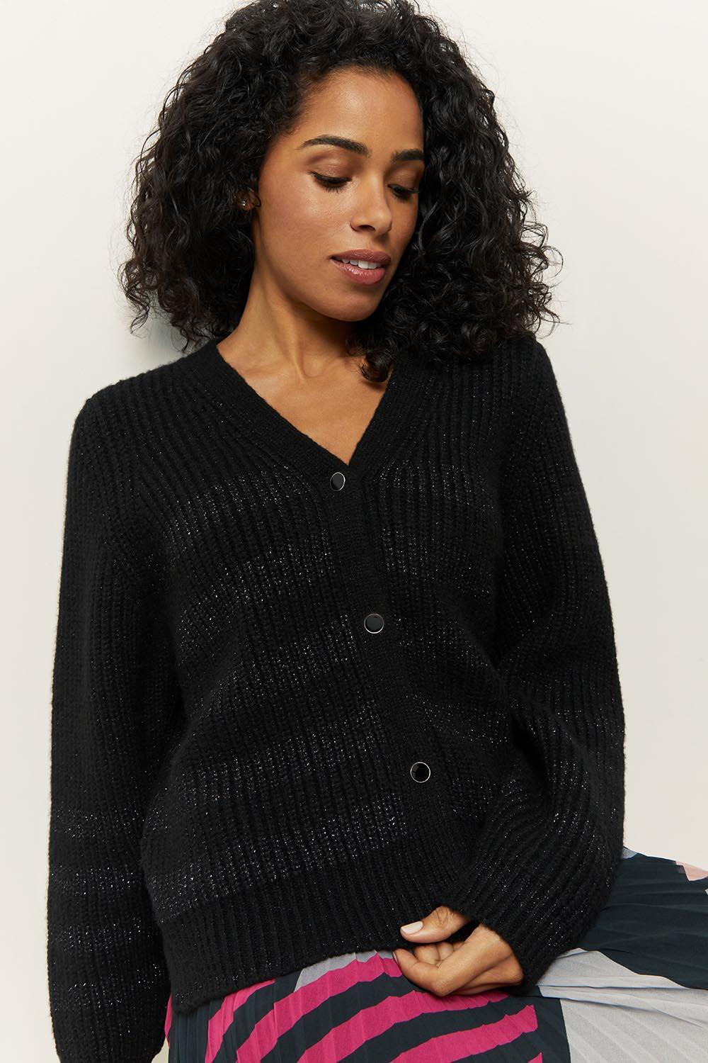 TRUDY - Cardigan noir en tricot lurex avec rayures