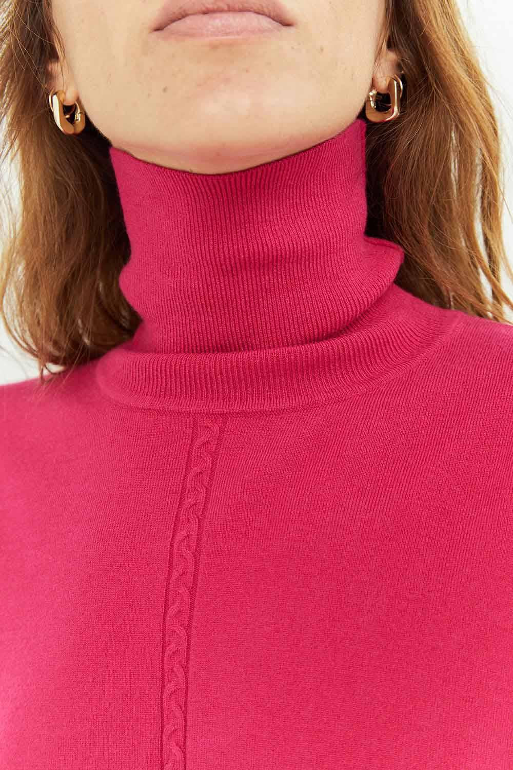 TANAKA - Pull rose fuchsia en tricot à col roulé