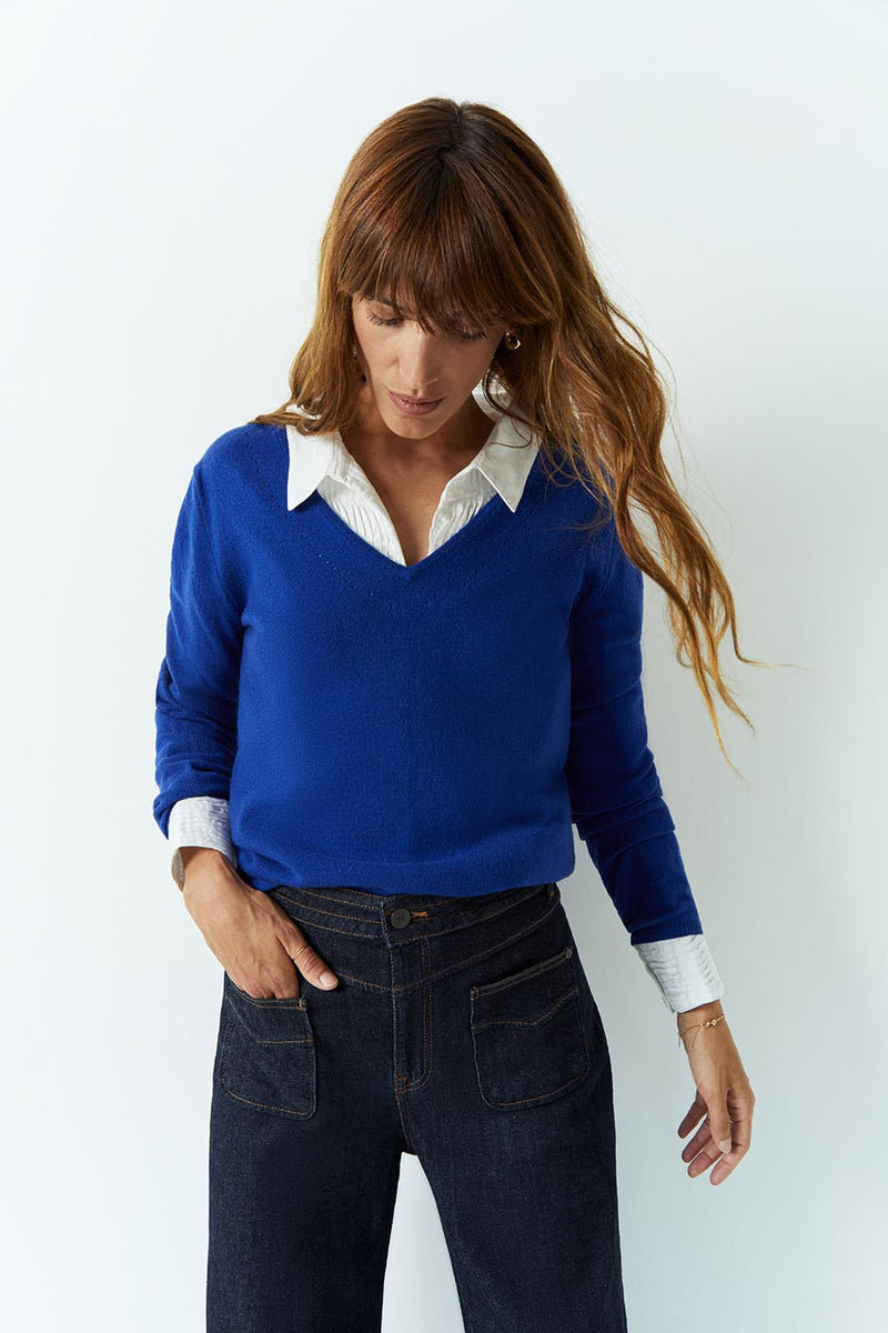 TOBIA - Pull bleu électrique en tricot laine et cachemire