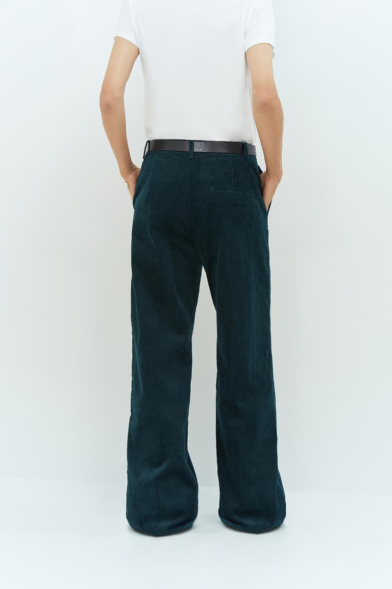 PLEASE - Pantalon vert cèdre taille haute en velours côtelé