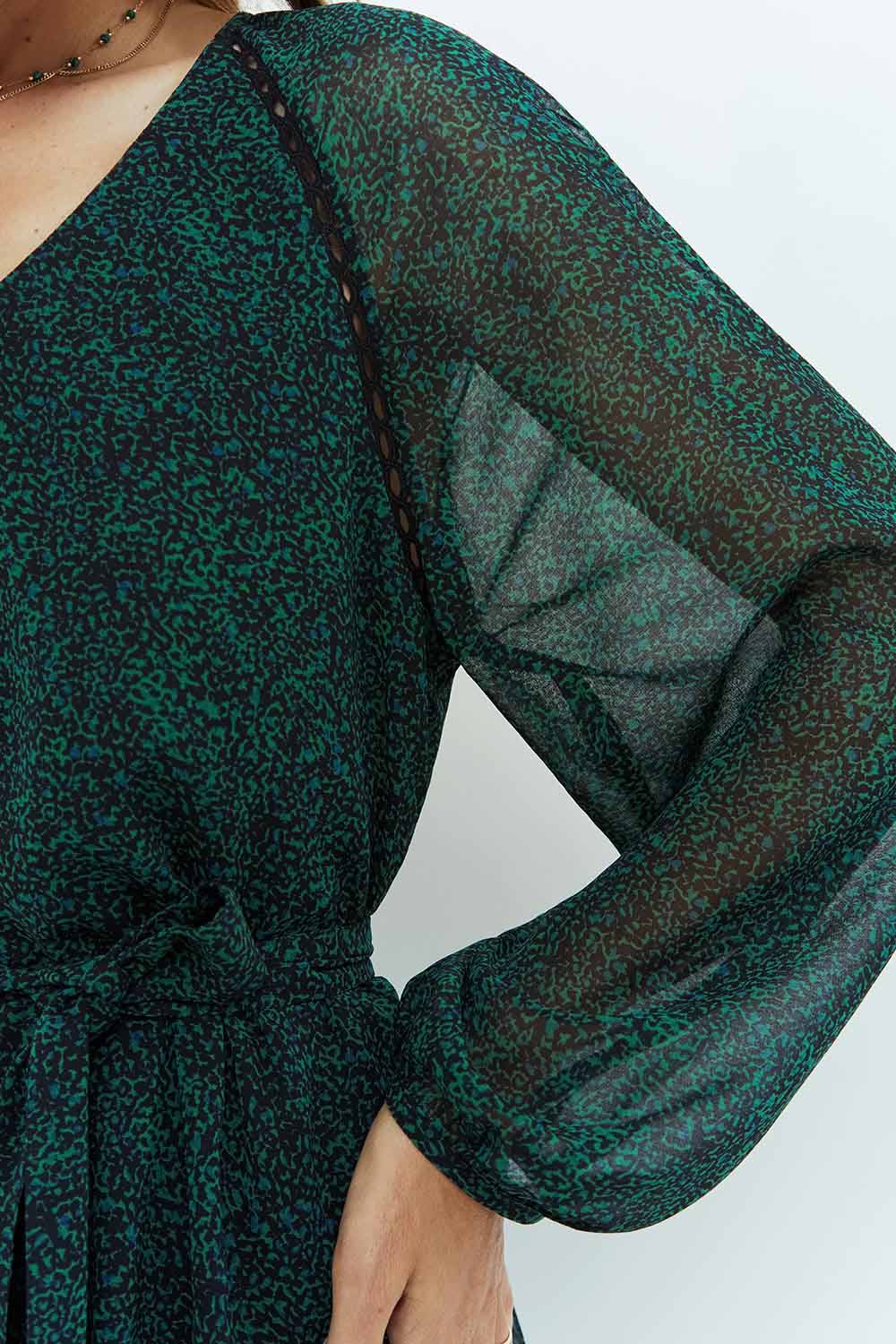 RESKY - Robe noire à imprimé pointilliste vert en polyester recyclé