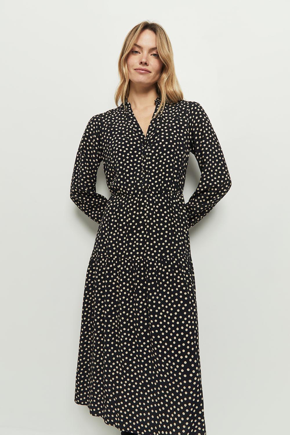 ROMANE Robe chemise midi noire en viscose avec imprim pois