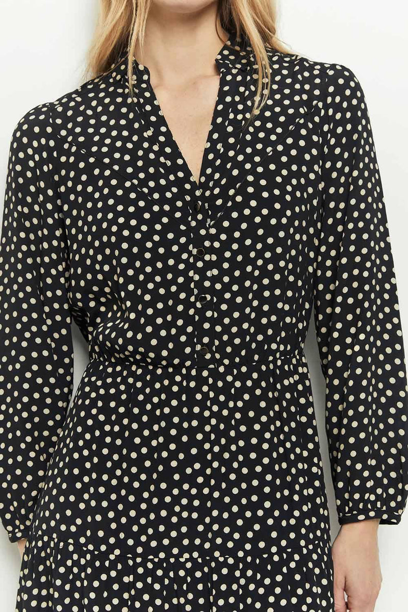 ROMANE - Robe chemise midi noire en viscose avec imprimé pois