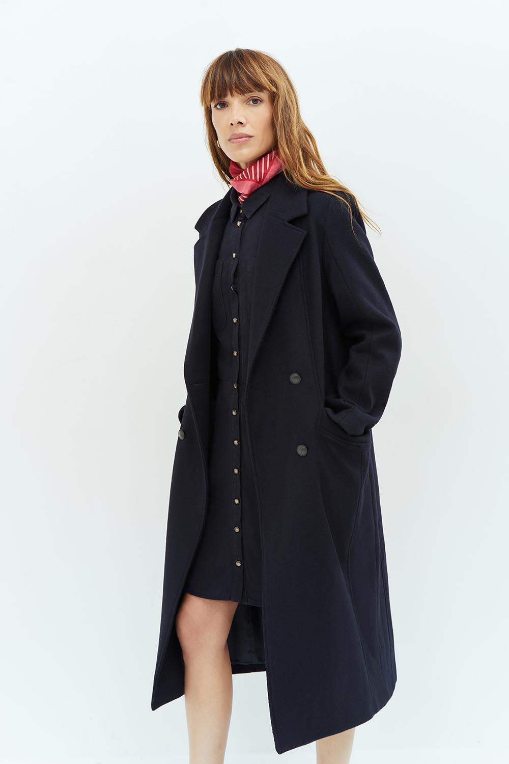 DELHI Manteau long marine boutonnage crois