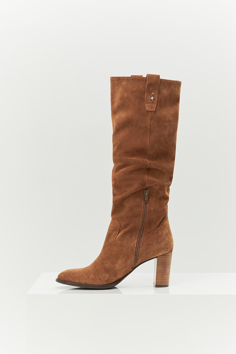 O.WENDA Bottes caramel talon en cuir velours