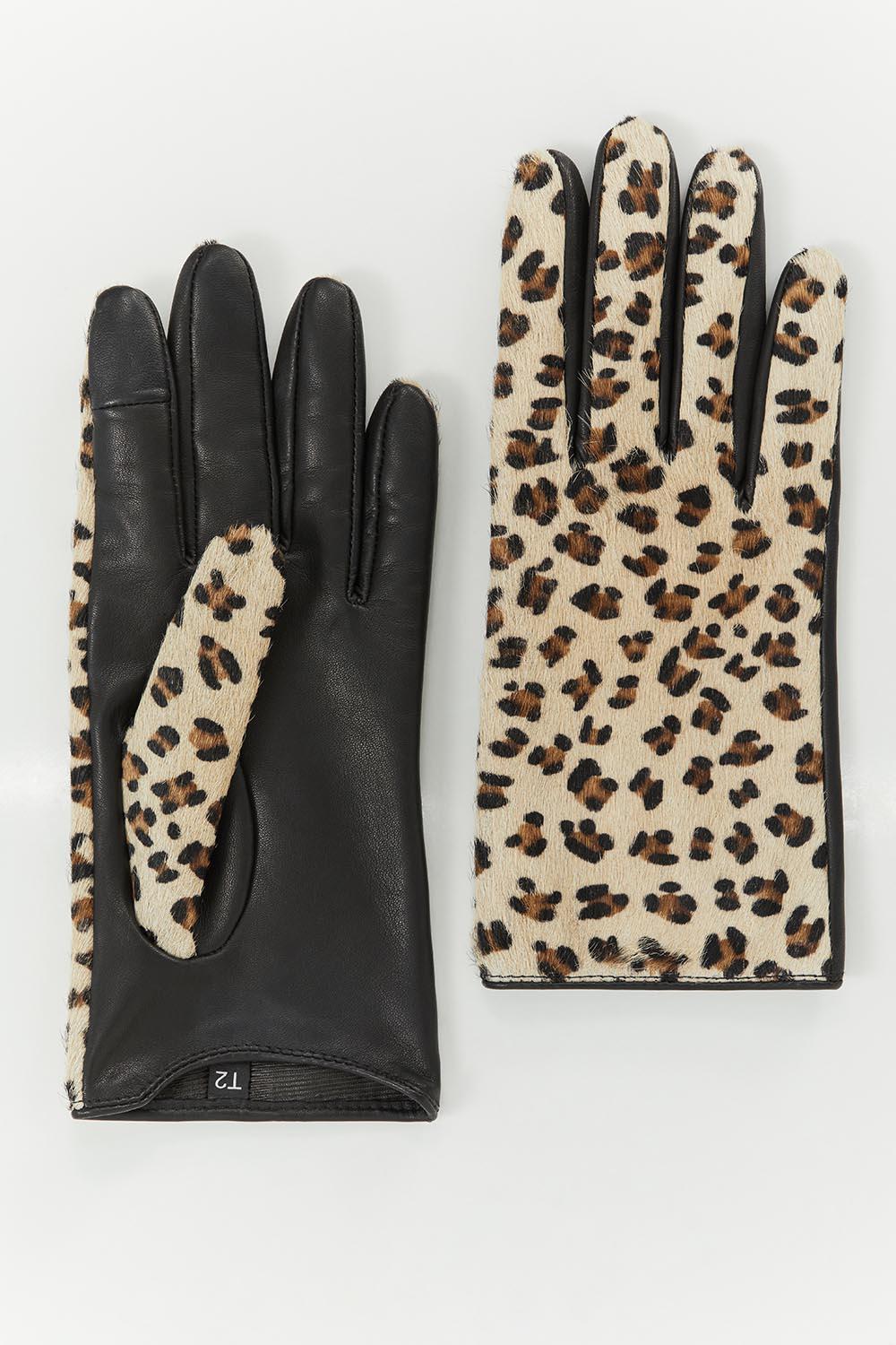 ASTRIO - Gants noirs en cuir certifié LWG Gold avec motif léopard