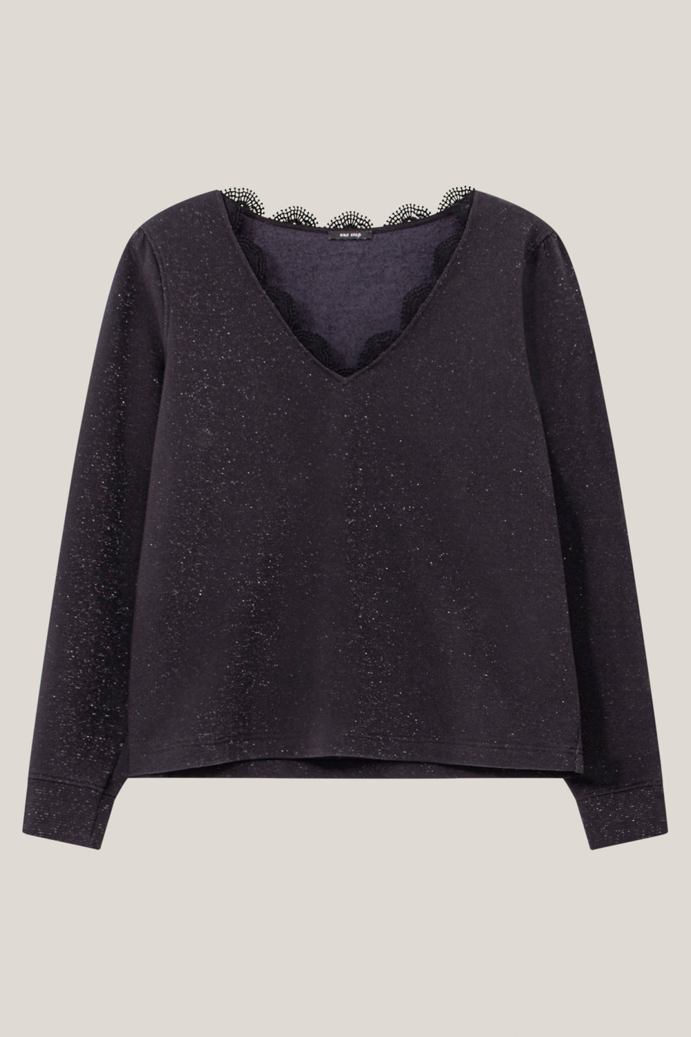 MANTE - Sweat noir molleton pailleté col dentelle