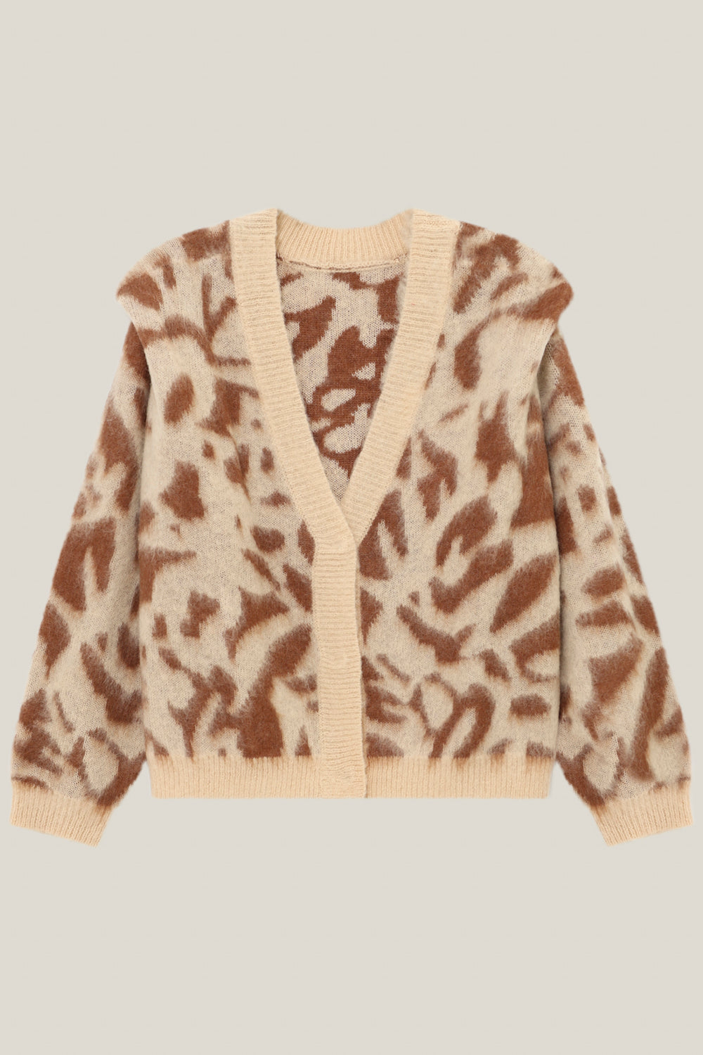 TAMAR - Cardigan beige tricot à motif safari d'hiver réversible devant/dos