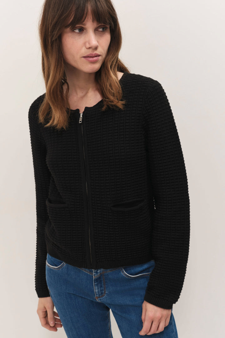 TINOS  - Cardigan zippé noir tricot fantaisie