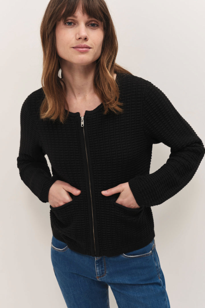 TINOS  - Cardigan zippé noir tricot fantaisie