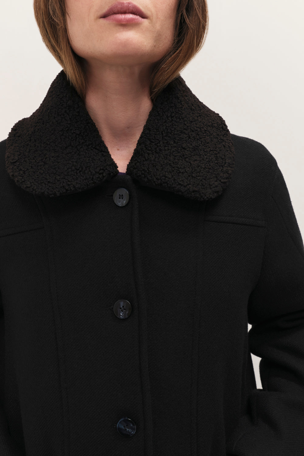 DORA - Manteau mi-long noir col amovible sherpa bouclette