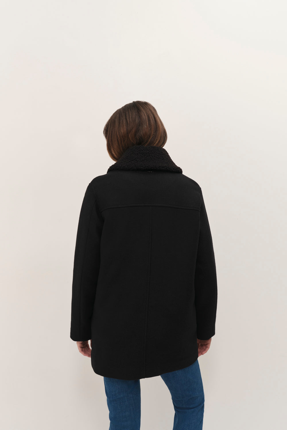 DORA - Manteau mi-long noir col amovible sherpa bouclette