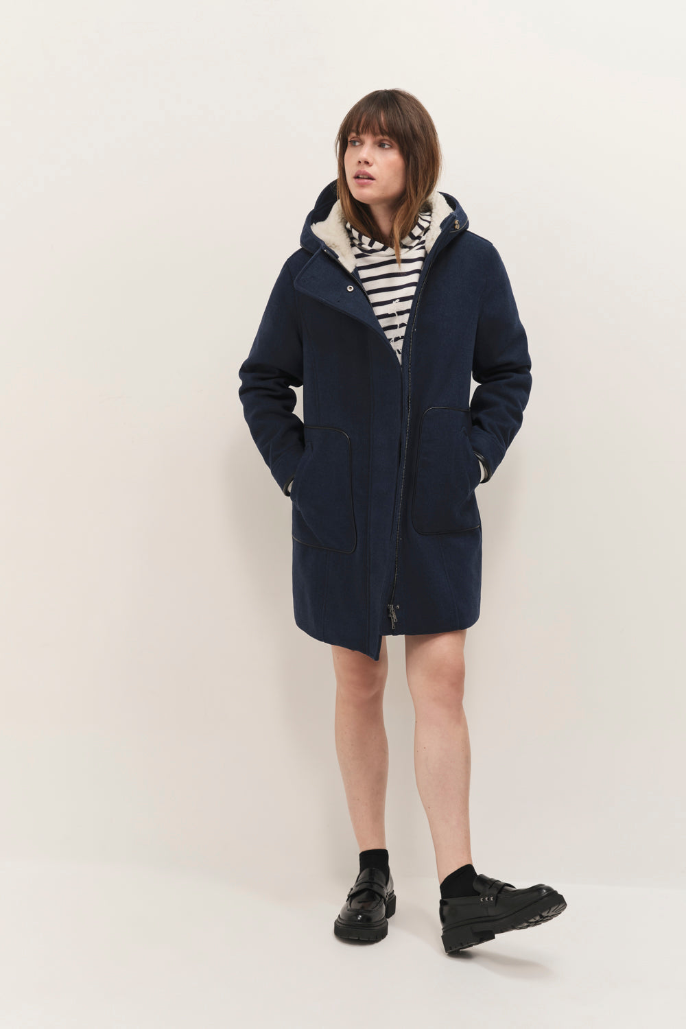 DENVER - Manteau esprit duffle coat marine avec col fourré