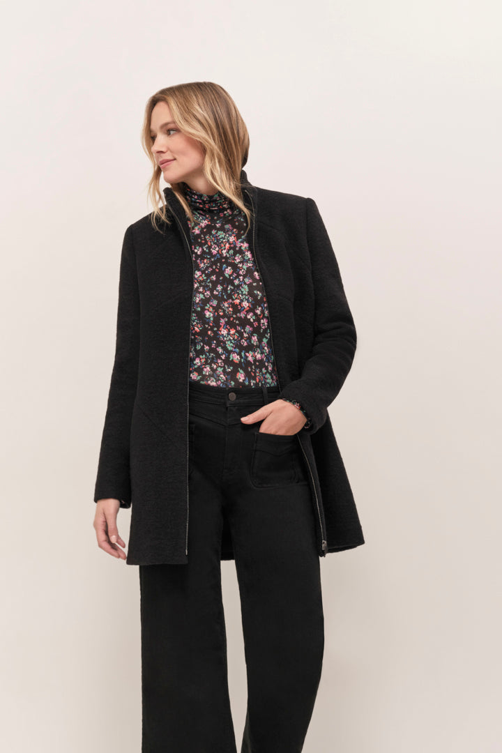 DOFFEN - Manteau droit noir en laine bouillie