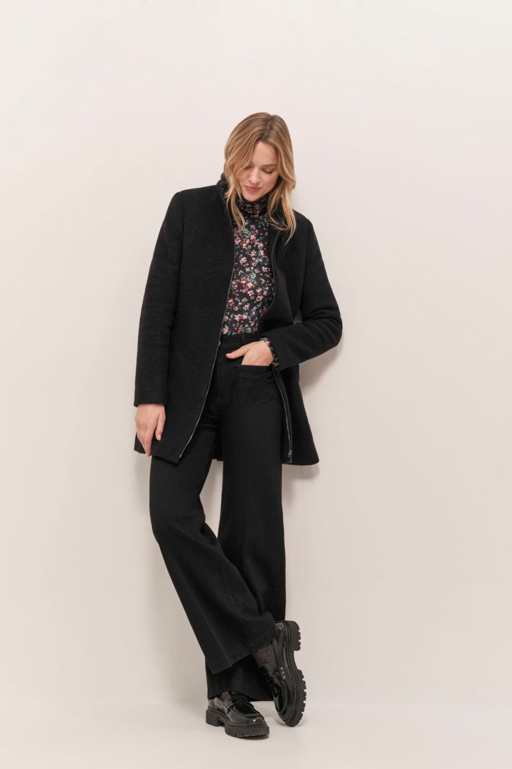 DOFFEN - Manteau droit noir en laine bouillie