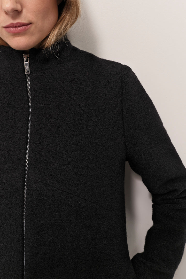 DOFFEN - Manteau droit noir en laine bouillie