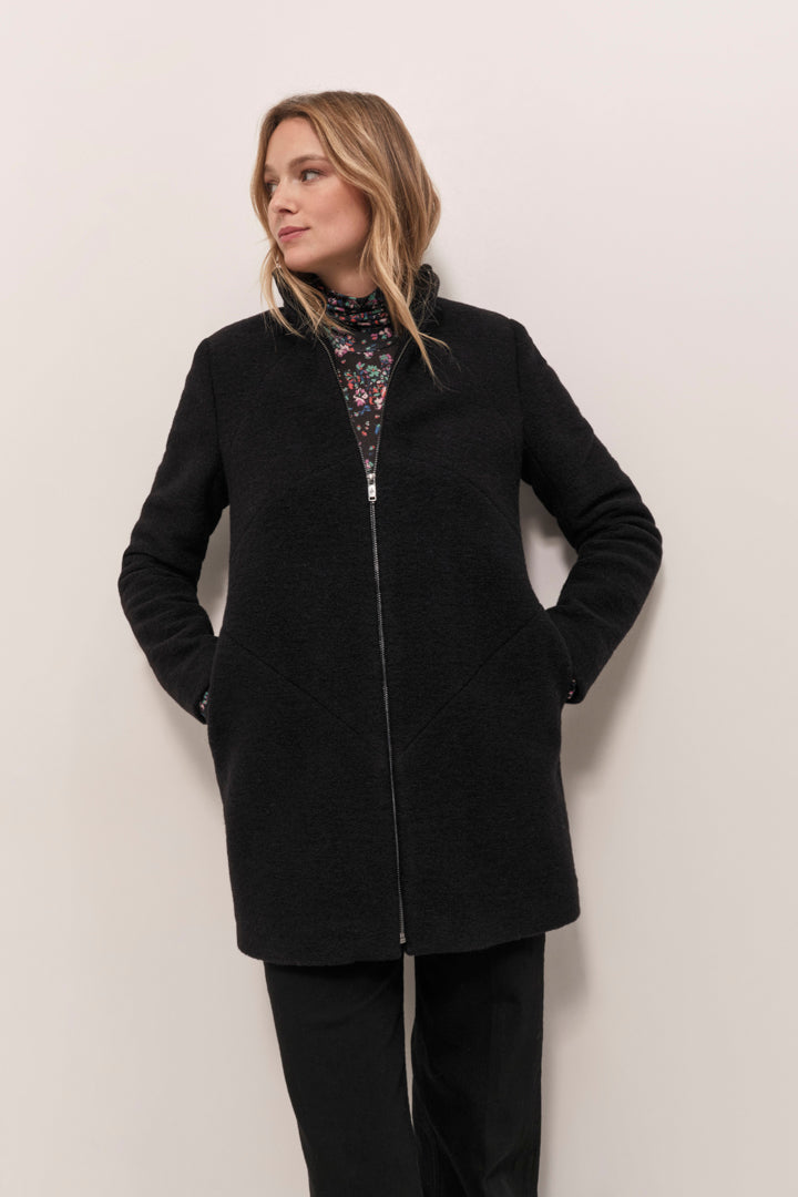 DOFFEN - Manteau droit noir en laine bouillie