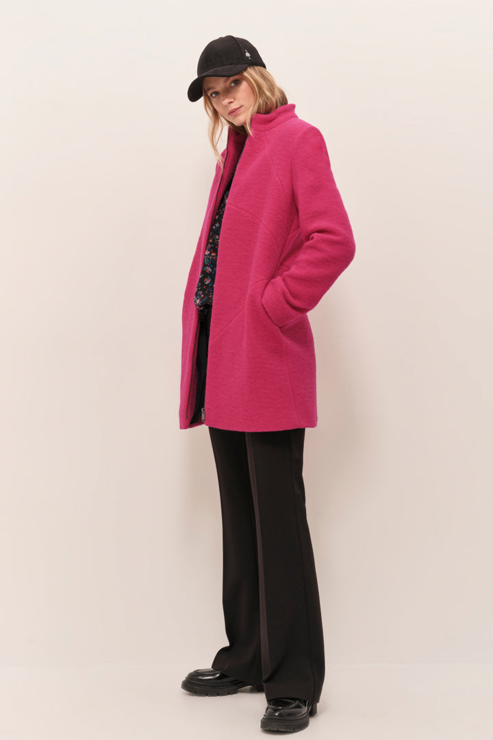 DOFFEN - Manteau droit fuchsia en laine bouillie