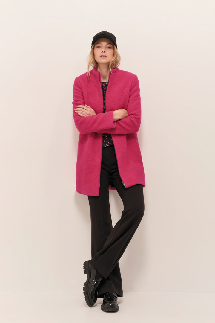 DOFFEN - Manteau droit fuchsia en laine bouillie