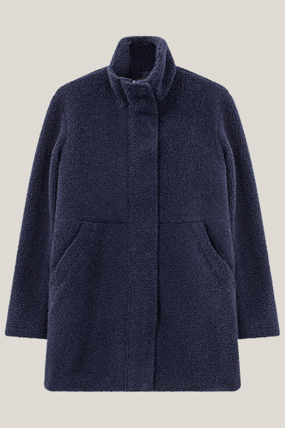 DIANA - Manteau mi-long marine en sherpa bouclette