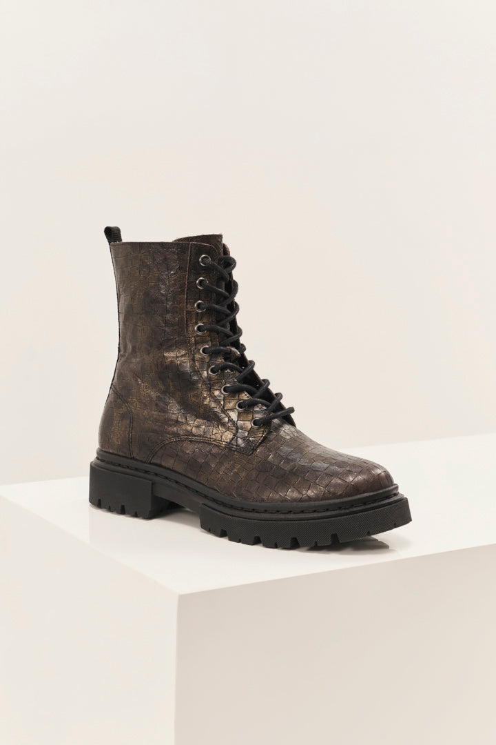 O.MARDA - Boots à lacet noir doré en cuir embossé effet croco