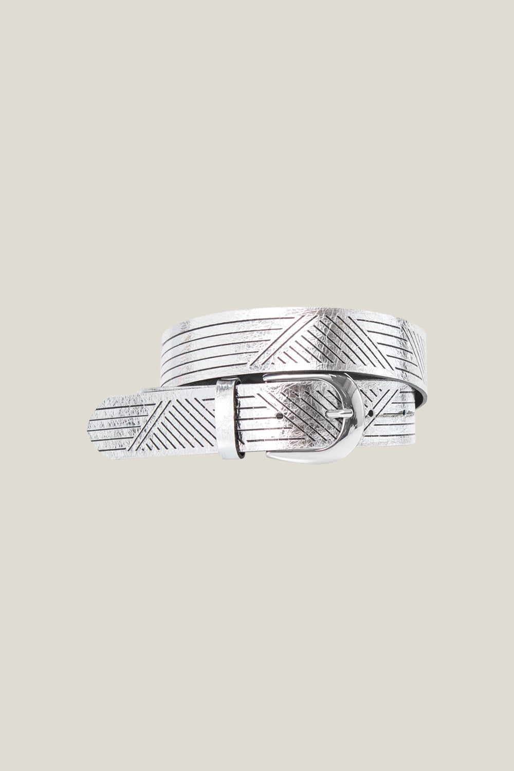 ANJA - Ceinture silver en cuir métallisé et lignes graphiques fabriquée en France