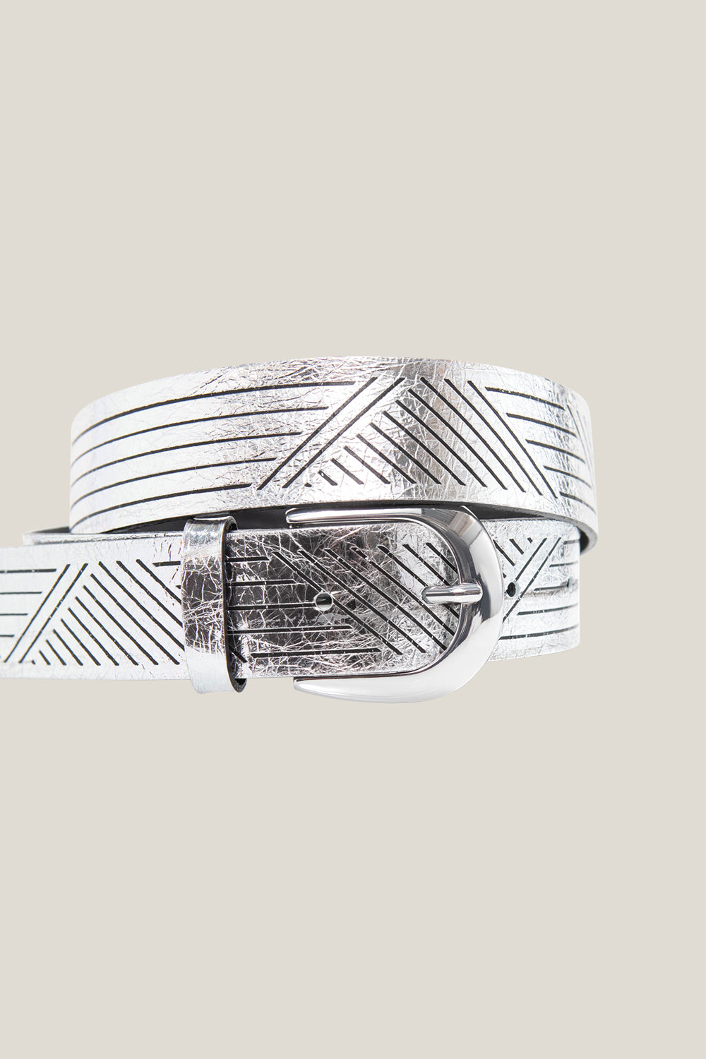 ANJA - Ceinture silver en cuir métallisé et lignes graphiques fabriquée en France