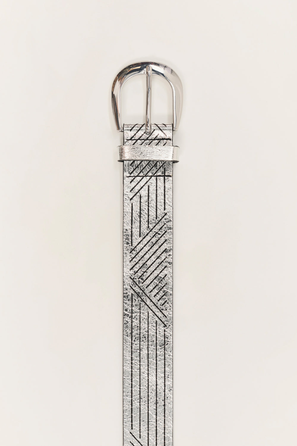 ANJA - Ceinture silver en cuir métallisé et lignes graphiques fabriquée en France