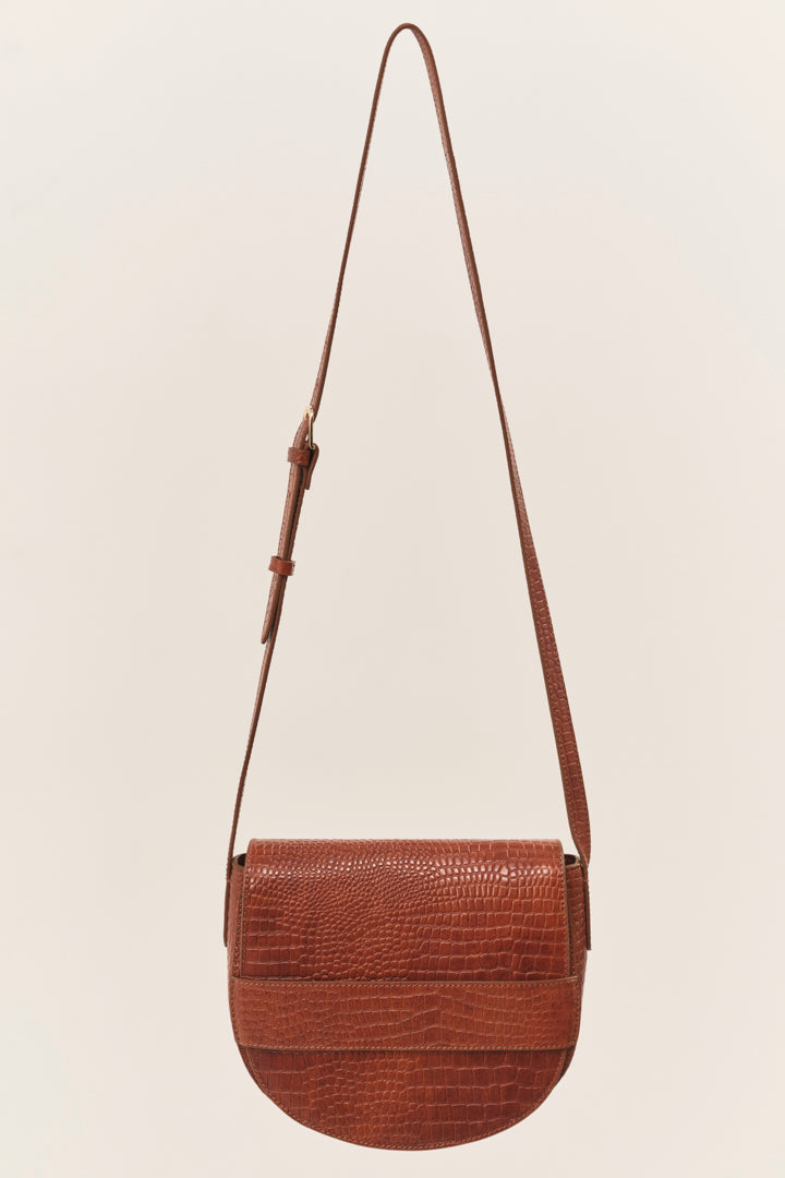 ALIBY - Sac besace toffee en cuir embossé effet croco - petit modèle